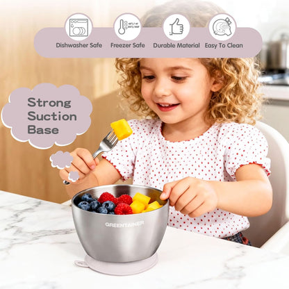 Greentainer Stainless Steel Baby Bowl Set of 3, Double Wall Insulated, Unbreakable Toddler Bowls with Removable Silicone Suction Base, Non-Slip, Dishwasher Safe, BPA-Free for Infants 6+ Months (Green)