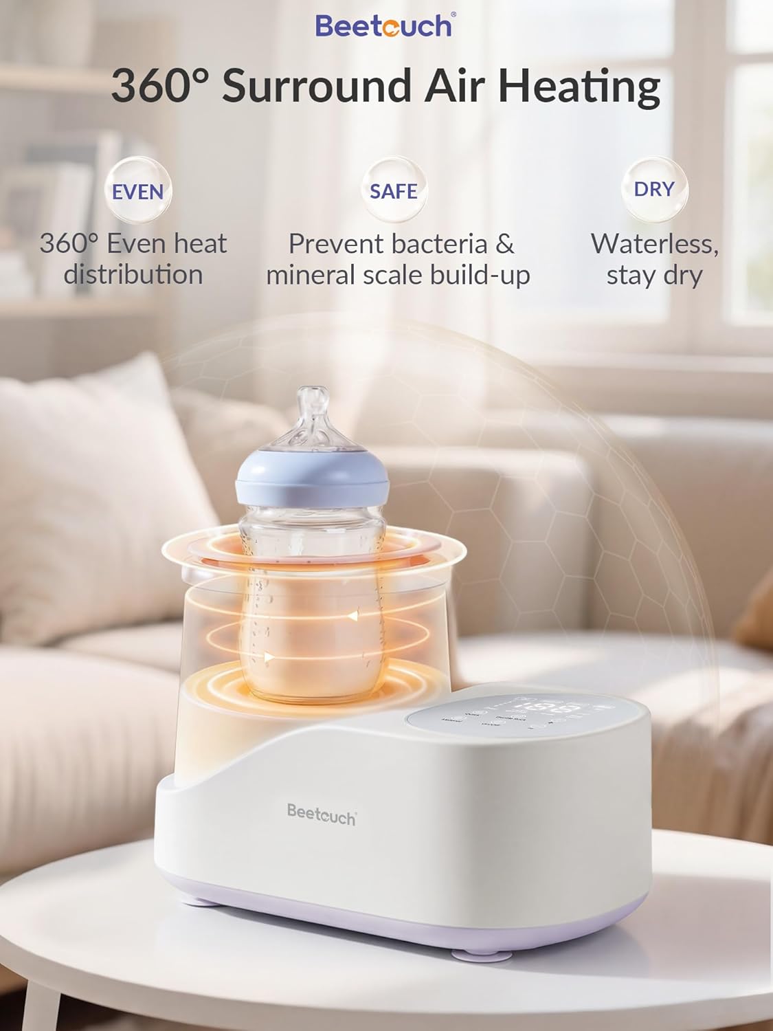 360° Airflow Heating Waterless Baby Bottle Warmer with Gentle Rock Motion for Breastmilk and Formula - Precise Temperature Control & Even Heat Distribution