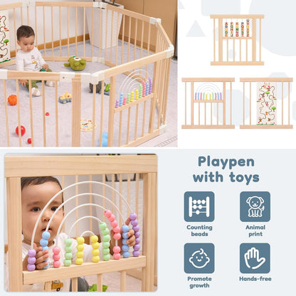 Ulnxiy Foldable Wooden Baby Playpen Activity Center,Adjustable Size & Shape Portable Play Yard, Baby Fence Play Area with Gate for Indoor Use for Babies and Toddlers(84x56x24inches)