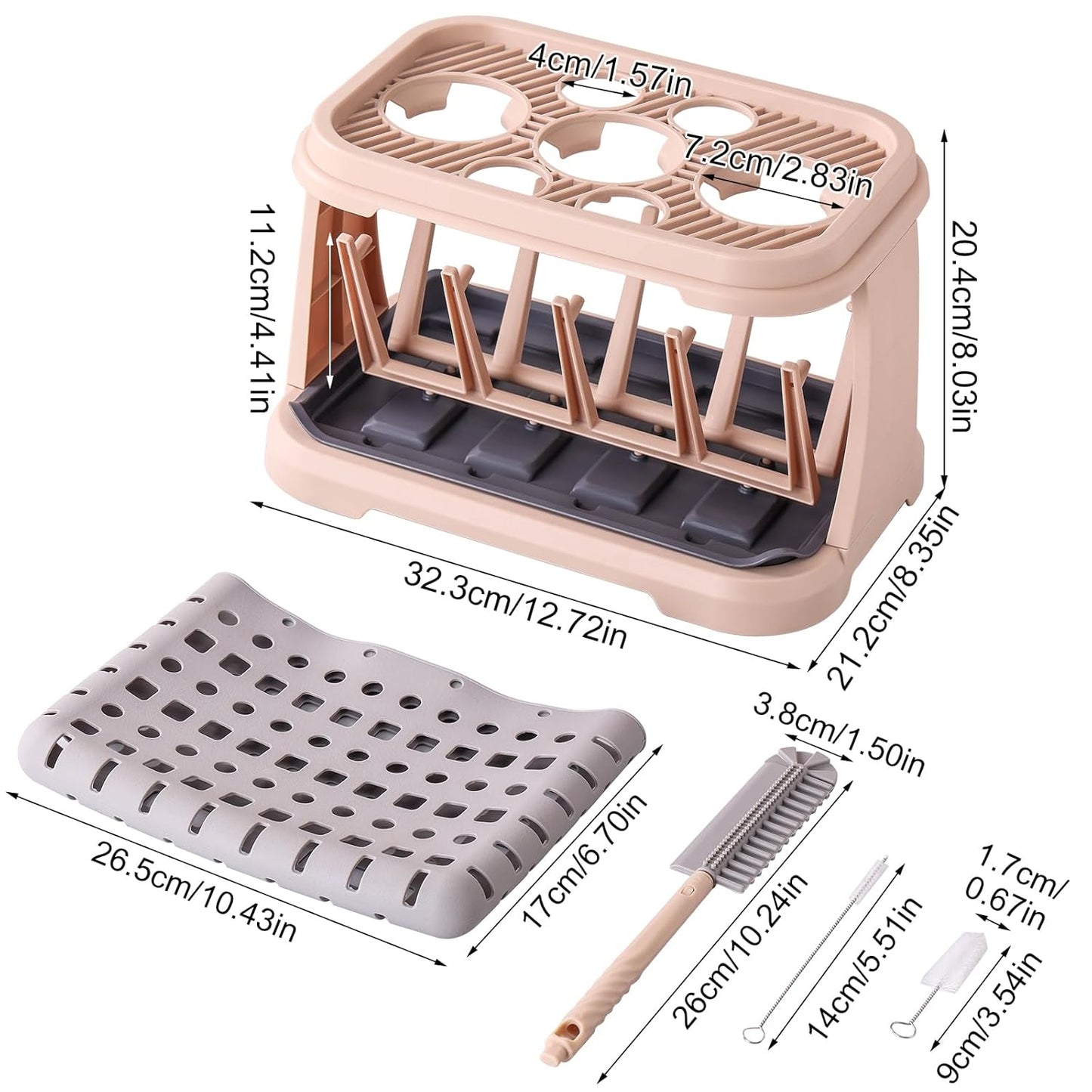Baby Bottle Drying Rack，Travel Baby Bottle Drying Rack Set, Cleaner Kit with Silicone Bottle Brush,Straw Brush, Suitable for Home use or Traveling with Babies (Coffee Color)