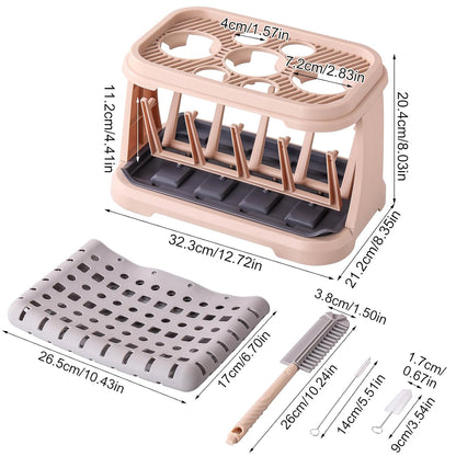 Baby Bottle Drying Rack，Travel Baby Bottle Drying Rack Set, Cleaner Kit with Silicone Bottle Brush,Straw Brush, Suitable for Home use or Traveling with Babies (Coffee Color)