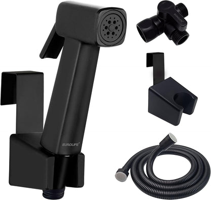 Handheld Bidet Sprayer for Toilet, Lockable Push Button, High Pressure Bathroom Sprayer, Cloth Diaper & Personal Hygiene Sprayer, Tank Mount No-Drill Install, Stainless Hose Set, Black Color
