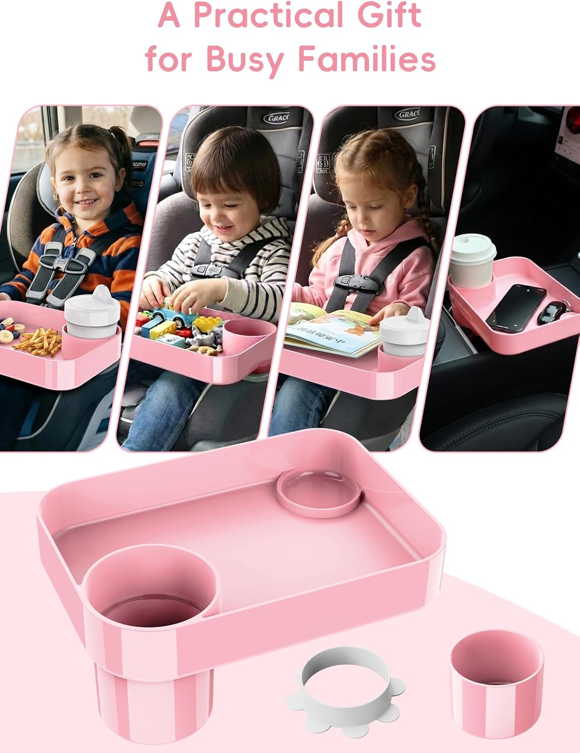 Car Seat Cup Holder Snack Tray for Kids, Reduces Mess, Detachable Large Base & Adjustable Ring, Carseat Tray for Toddler, Car Seat Food Tray Table for Kid Travel Road Trip Essentials -Light Gray