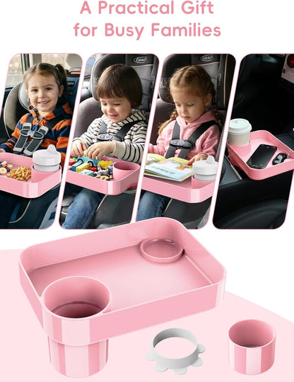 Car Seat Cup Holder Snack Tray for Kids, Reduces Mess, Detachable Large Base & Adjustable Ring, Carseat Tray for Toddler, Car Seat Food Tray Table for Kid Travel Road Trip Essentials -Light Gray