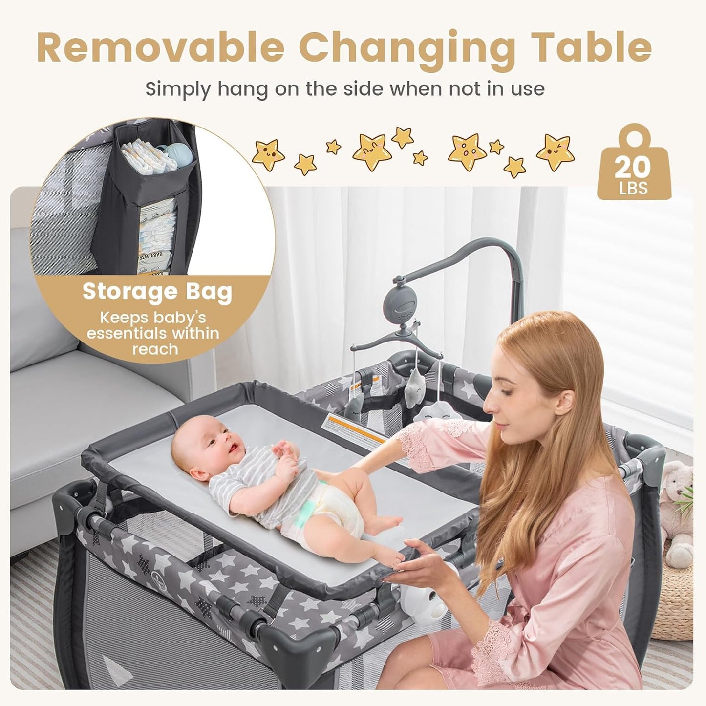 Costzon 3 in 1 Pack and Play with Bassinet, Portable Baby Playard with Changing Table, Music Box, Whirling Toys, Wheels/Brake, Basket, Foldable Infant Bassinet Crib for Baby Toddlers Indoor Outdoor