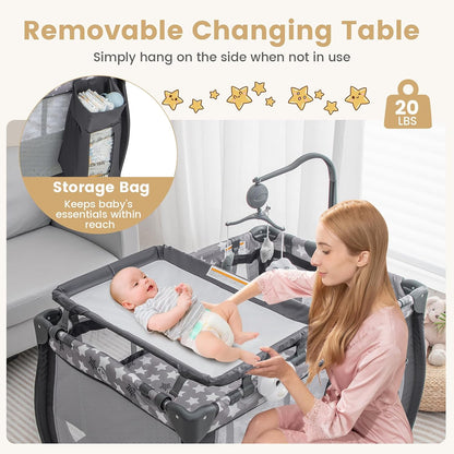 Costzon 3 in 1 Pack and Play with Bassinet, Portable Baby Playard with Changing Table, Music Box, Whirling Toys, Wheels/Brake, Basket, Foldable Infant Bassinet Crib for Baby Toddlers Indoor Outdoor