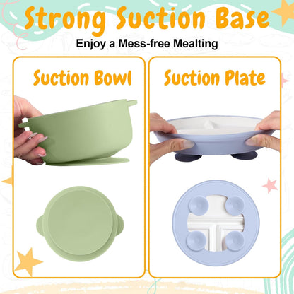 Teenyyou 9 Pcs Porcelain Kids Plates and Bowls Feeding Set with Suction, Ceramic Baby Toddler Divided Plates Silicone Sleeve Bowls Forks Spoons Cup Bib Microwave Dishwasher Safe(Pastels)