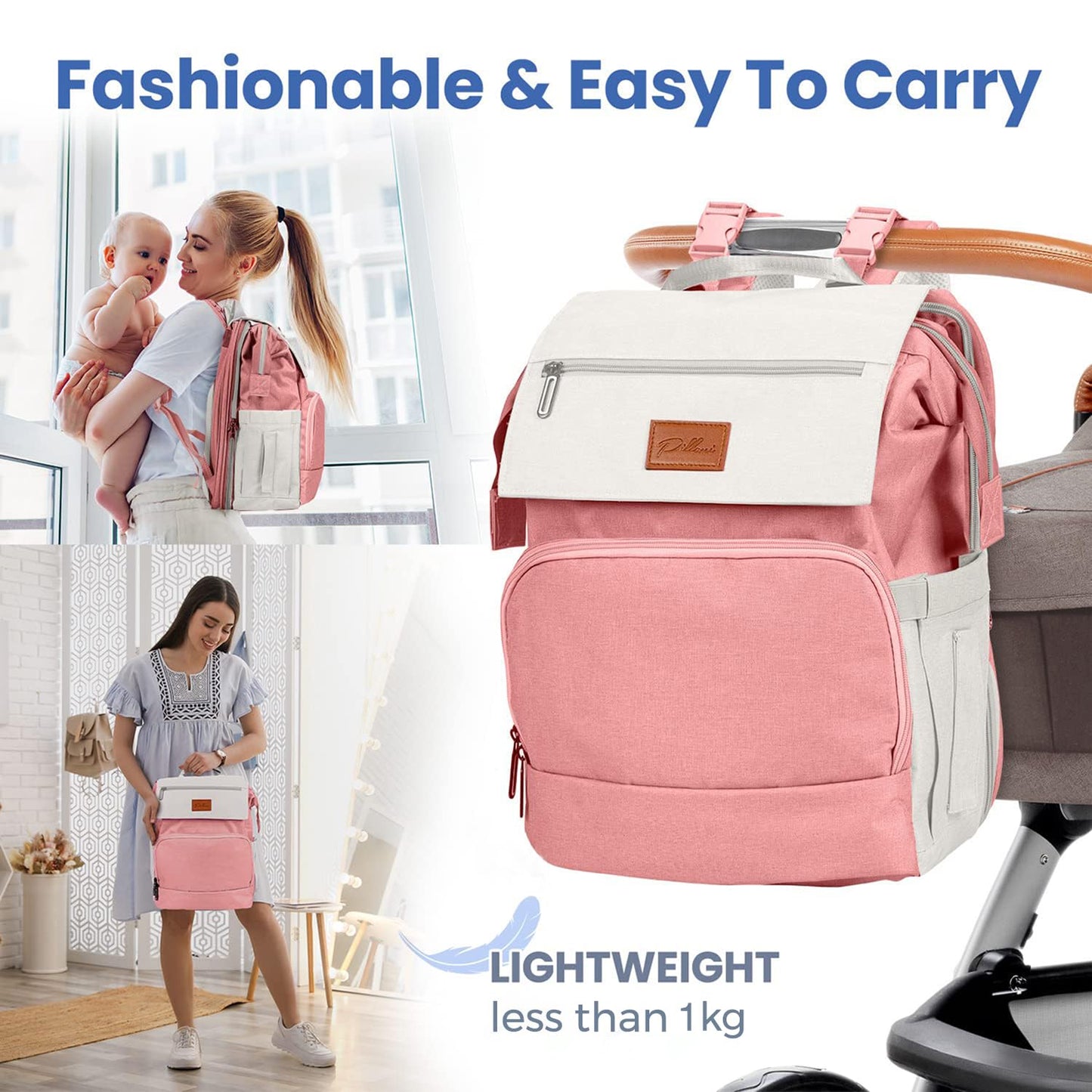 PILLANI Baby Diaper Bag Backpack - Large Waterproof Travel Diaper Bag for Boys & Girls, 16 Organizer Pockets with Changing Pad, Insulated Bottle Pockets & Stroller Straps, Baby Shower Gifts, Dinosaur