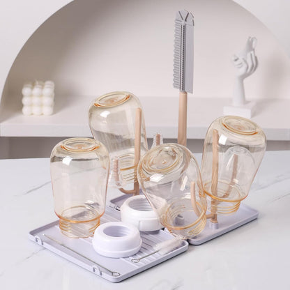 Baby Bottle Drying Rack，Travel Baby Bottle Drying Rack Set, Cleaner Kit with Silicone Bottle Brush,Straw Brush, Suitable for Home use or Traveling with Babies (Coffee Color)