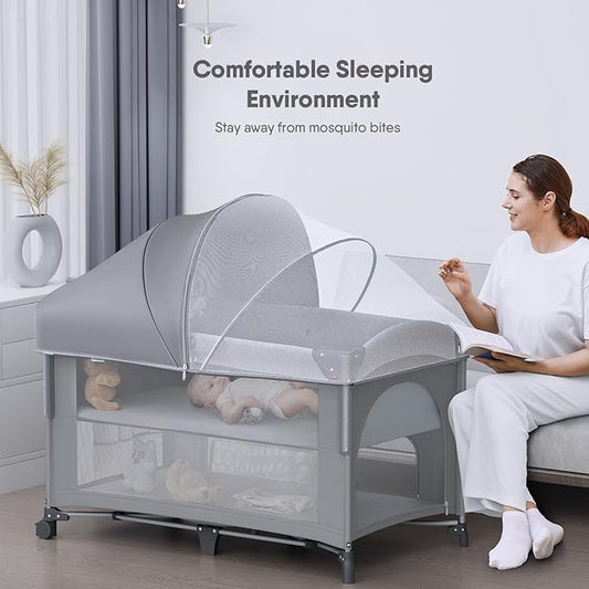 Obee Odee 4 in 1 Baby Bassinet, Pack and Play, Bedside Crib Sleeper, Diaper Changer - Comes with Mattress, Mosquito Net，Bottom Storage and Toy Bar for Newborn to Toddles