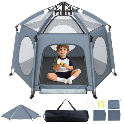 Pop Up Playpen for Baby - Instant Setup Portable Playard with UV Canopy & Mosquito Net - Indoor Outdoor Travel Crib with Carry Bag Grey