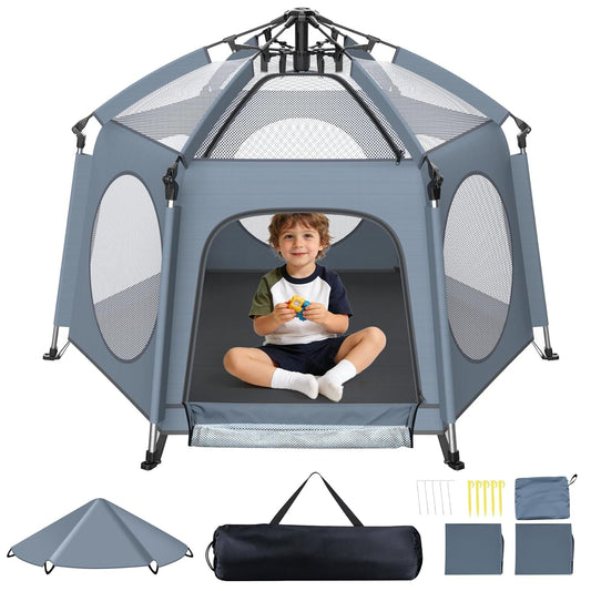 Pop Up Playpen for Baby - Instant Setup Portable Playard with UV Canopy & Mosquito Net - Indoor Outdoor Travel Crib with Carry Bag Grey