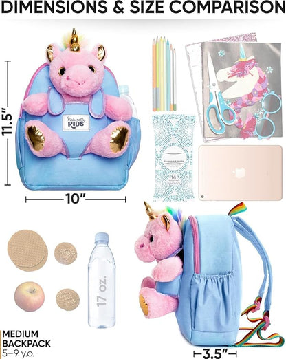 Naturally KIDS 【Upgraded】 Medium Backpack w Removable Pink Unicorn Toy for Girls Age 4-7 | Side & Inner Pockets, Reflective Logo, Name Tag | Unicorn Gifts for 5 Year Old Girls – Medium size