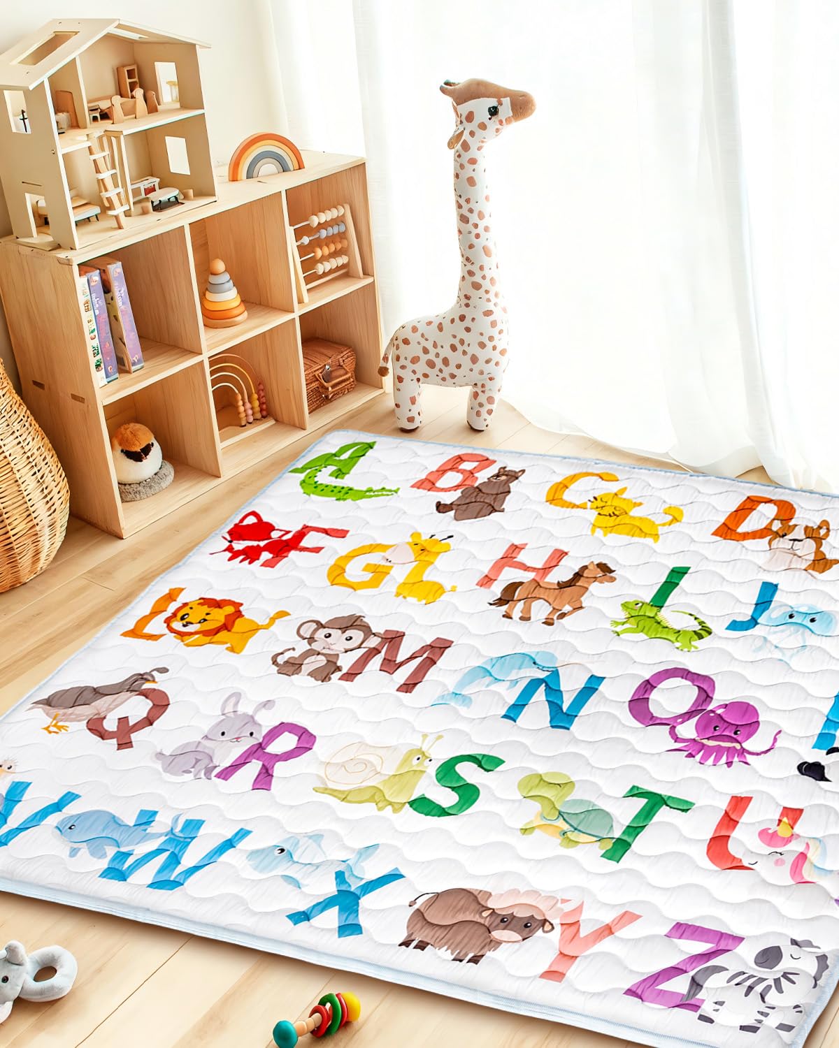 Baby Play Mat, 50x50 Playpen Mat with Super Soft Touch, Activity Mats with Upgraded Anti-Slip Bottom, Machine Washable Crawling Mats for Floor & Picnic (Animal Alphabets)