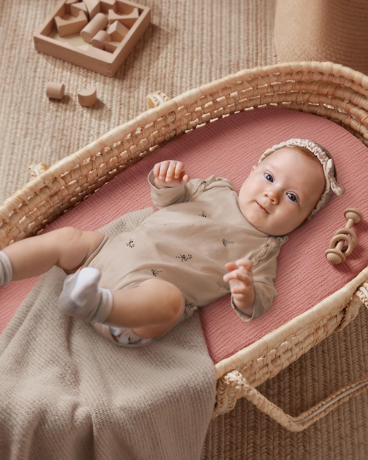 Blissful Diary Muslin Bassinet Sheets for Baby Girls Boys, Boho Soft Cotton Fitted for Oval Hourglass Rectangle Mattress, 2 Pack(Sunshine&Brown)