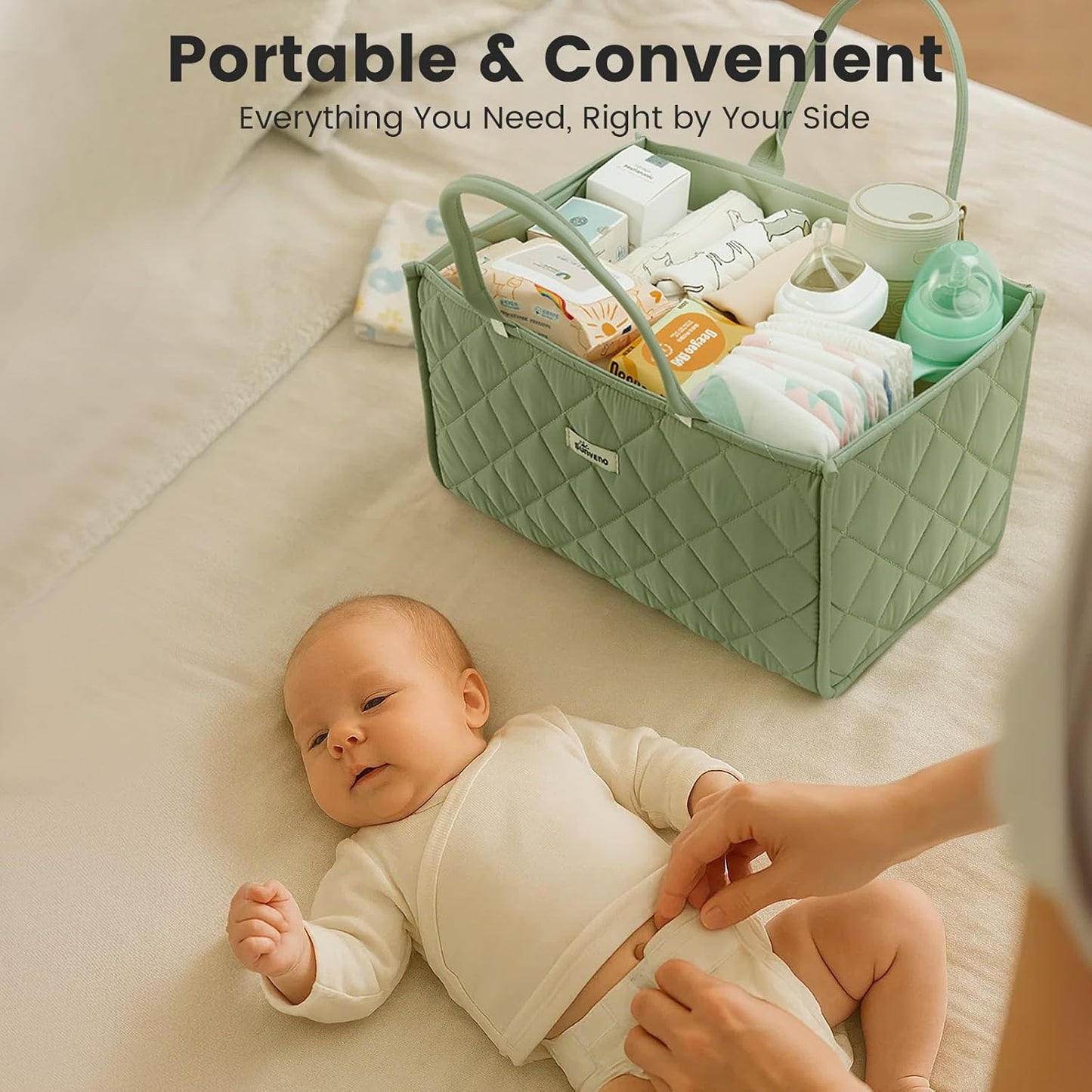 SUNVENO Quilted Diaper Caddy Organizer, Soft Padded Baby Diaper Caddy with Removable Dividers, Large Nursery Storage Basket for Diapers, Wipes and Baby Essentials, Portable Nursery Organizer, Brown