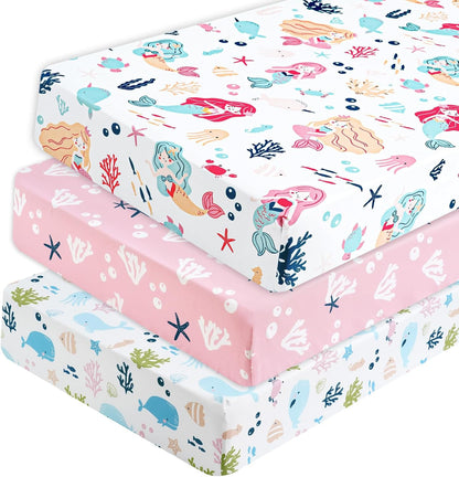 PHF 3 Pack Soft Mini Crib Sheets, Floral & Animal Pack N Play Sheets for Baby Boys Girls, No Slip Universal Fit for Pack N Play, Playard, Portable and Mini Crib Mattresses,Floral & Animal