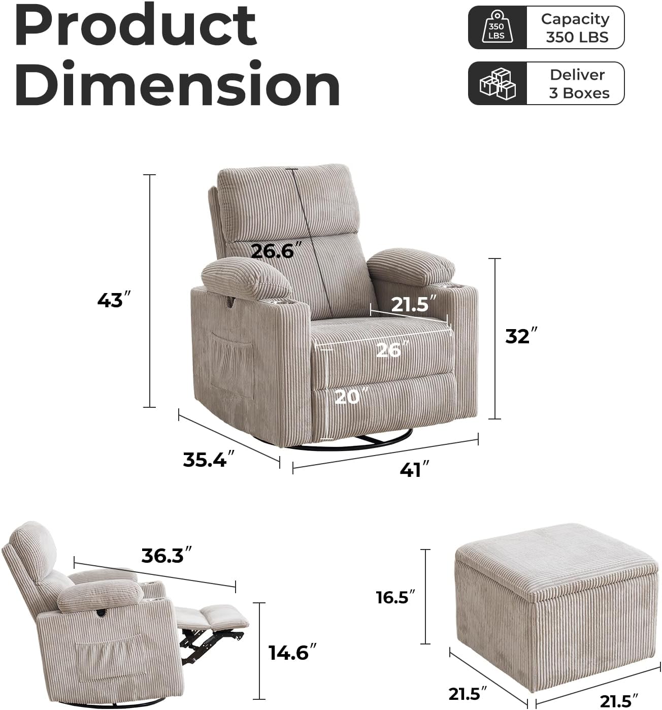 Rocking Chair Nursery with Adjustable Armrests, Electric Glider Recliner Nursing Chair for Breastfeeding, Power Swivel Recliner Chairs with Massage and Heat, Adjustable Headrest , FSC Certified, White