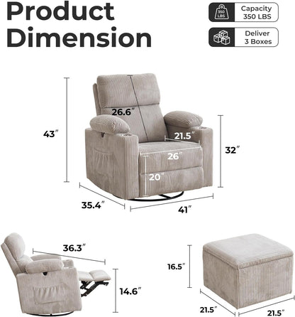 Rocking Chair Nursery with Adjustable Armrests, Electric Glider Recliner Nursing Chair for Breastfeeding, Power Swivel Recliner Chairs with Massage and Heat, Adjustable Headrest , FSC Certified, White