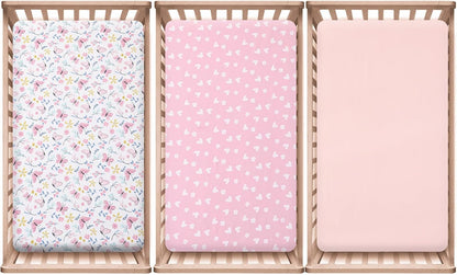 PHF 3 Pack Soft Mini Crib Sheets, Floral & Animal Pack N Play Sheets for Baby Boys Girls, No Slip Universal Fit for Pack N Play, Playard, Portable and Mini Crib Mattresses,Floral & Animal
