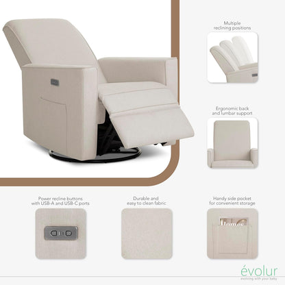 Evolur Harlow Upholstered Power Glider Recliner with USB Charging – Rocking & 275° Swivel with Smooth Glide – Greenguard Gold & FSC Certified – Modern Nursery and Living Room Chair in Light Sand