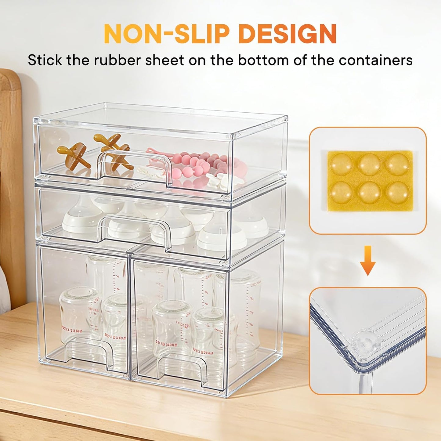 Baby Bottle Organizer, 4 Pack Clear Space-Saving Stackable Drawer with Handle, Baby Bottle Storage Organizer for Countertop and Cabinet