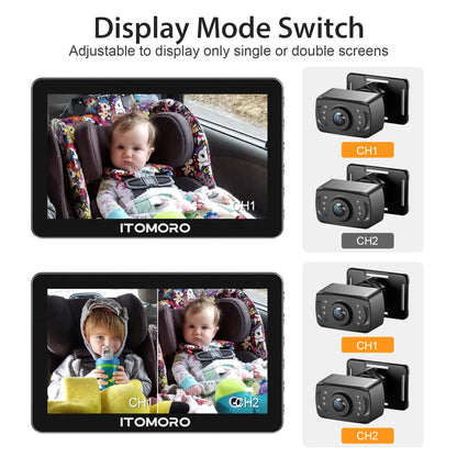 Itomoro Rear Facing Mirrors, 2 Kids Baby Car Camera, 7'' Ultra Wide 1080P HD Display with 2 IR Night Vision Cameras, 150° Wide Angle, 360° Rotatable, Easy Install