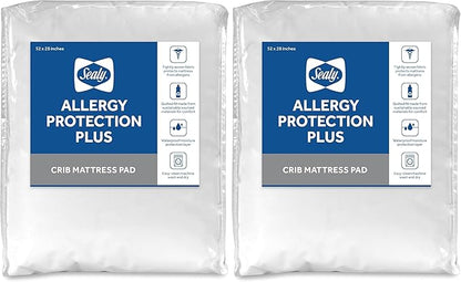 Sealy Baby Allergy Protection Plus Fitted Waterproof Infant Crib Mattress Protector Pad and Toddler Bed Cover, Durable & Comfortable Topper, Machine Washable and Dryer Friendly, 52” x 28”- White