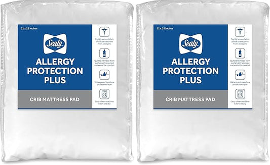 Sealy Baby Allergy Protection Plus Fitted Waterproof Infant Crib Mattress Protector Pad and Toddler Bed Cover, Durable & Comfortable Topper, Machine Washable and Dryer Friendly, 52” x 28”- White