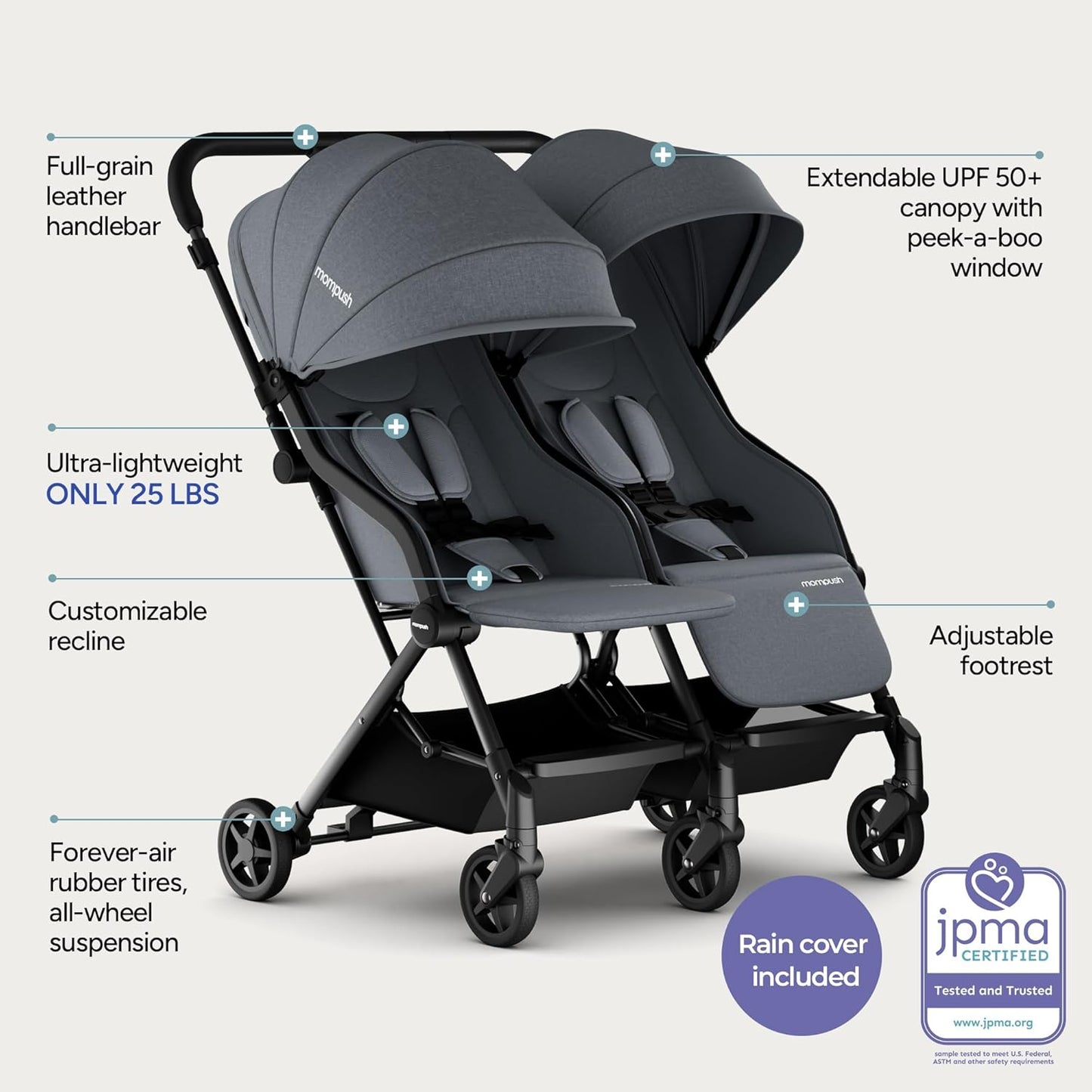 Mompush Lithe Double Stroller for Infant and Toddler, Lightweight Side by Side Twin Stroller, Only 25 lbs, 30-Inch Slim Fit Through Doorways, One-Step Fold, Independent Recline, UPF 50+ Canopy