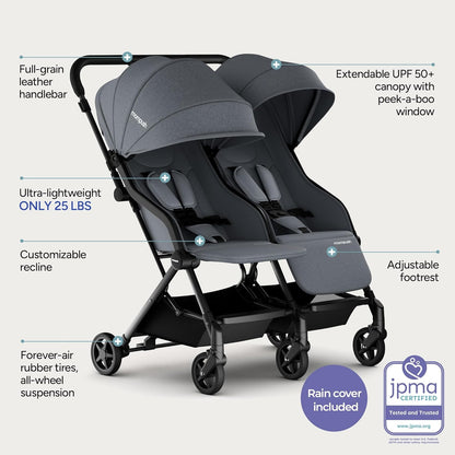 Mompush Lithe Double Stroller for Infant and Toddler, Lightweight Side by Side Twin Stroller, Only 25 lbs, 30-Inch Slim Fit Through Doorways, One-Step Fold, Independent Recline, UPF 50+ Canopy
