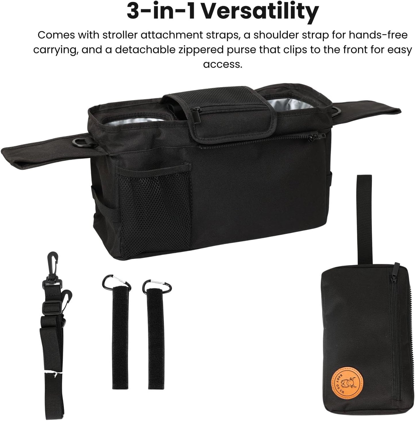 Universal Stroller Organizer with Insulated Cup Holders | Detachable Phone/Wipe Pouch & Shoulder Strap Stroller Caddy | Spacious, Fits Jogger, Umbrella, Travel & Pet Strollers