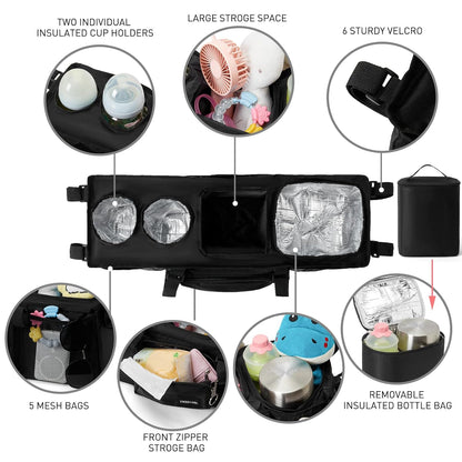 Double Stroller Organizer Universal with 2 Insulated Cup Holders & Cooler Bag, Large Storage Parent Console for Bob Duallie, Baby Jogger City Mini GT2