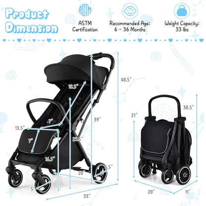 HONEY JOY Lightweight Baby Stroller, Compact Travel Stroller for Airplane, Fits Airplane Cabin & Overhead, One-Hand Gravity Fold, Self-Standing Toddler Stroller w/Adjustable Backrest/Canopy(Pink)