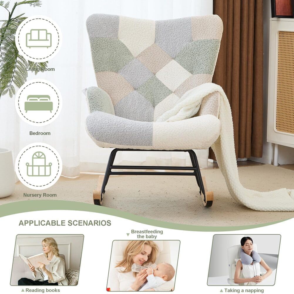 Nursery Rocking Chair Teddy Upholstered Glider Rocker Rocker Accent Chair with High Backrest Armchair Comfy Side Pocket Modern Rocking Accent Chairs for Living Room, Nursery, Office-Green