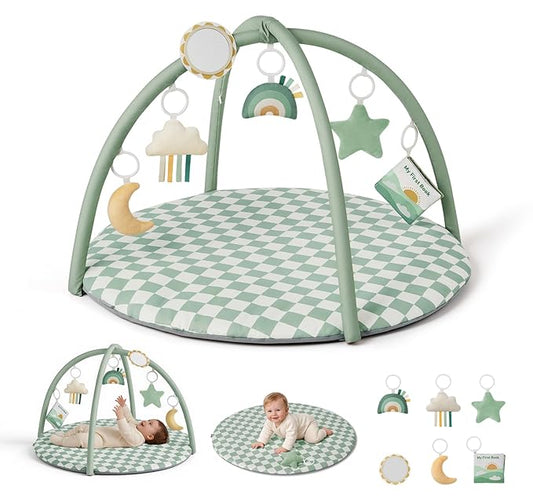 Blissful Diary Baby Play Gym Mat, Play Mat Activity Mat with 6 Detachable Toys for Stage-Based Sensory & Motor Skill Development, Easy to Install & Clean, Baby Essentials Gift, Sage Checkerboard