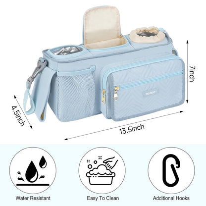 Universal Stroller Organizer with Insulated Cup Holders,Large Capacity Non-Slip Stroller Caddy Bag Fits for Uppababy/Doona/Jogger/Britax/Mompush/BoB with Anti-Sag Hard Bottom and Wet Wipes Pocket