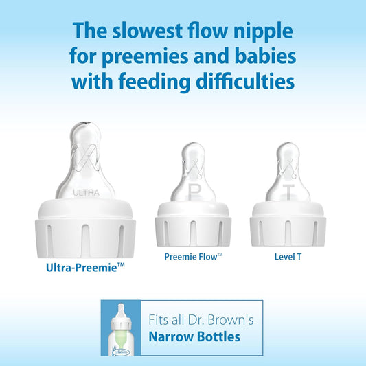 Dr. Brown's Ultra-Preemie Narrow Baby Bottle Nipple, Specialty Extra Slow Flow Rate, 100% Silicone, BPA Free, 0m+, 6 Pack