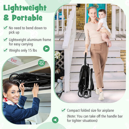 BABY JOY Lightweight Baby Stroller, Compact Travel Stroller for Airplane, Infant Toddler Stroller w/Adjustable Backrest & Canopy, Storage Basket, Self Standing Gravity Fold, Aluminium Frame (Pink)