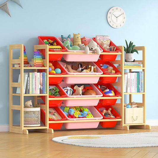 Large Toy Storage Organizer Kids Toy Organizer and Bookshelf Combo with 12 Bins and 6 Shelves Toy Organization Box Toy Shelf for Playroom, Bedroom, Nursery