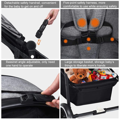 INFANS 2 in 1 Baby Stroller, High Landscape Infant Stroller & Reversible Bassinet Pram, Foldable Pushchair with Adjustable Canopy, Storage Basket, Cup Holder, Suspension Wheels (Black)