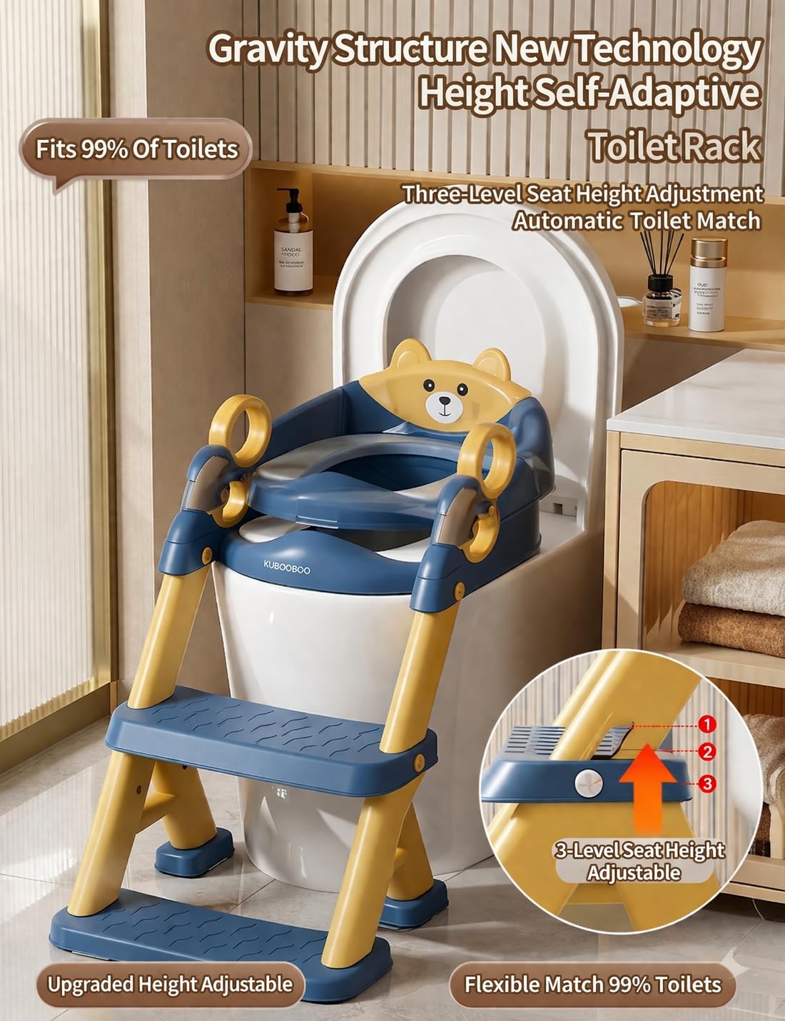 Kids Potty Training Toilet Seat with Step Stool Ladder, Bear Design, Adjustable Height, Non-Slip Steps, Soft PVC Cushion Seat with Handles (A-Pink)