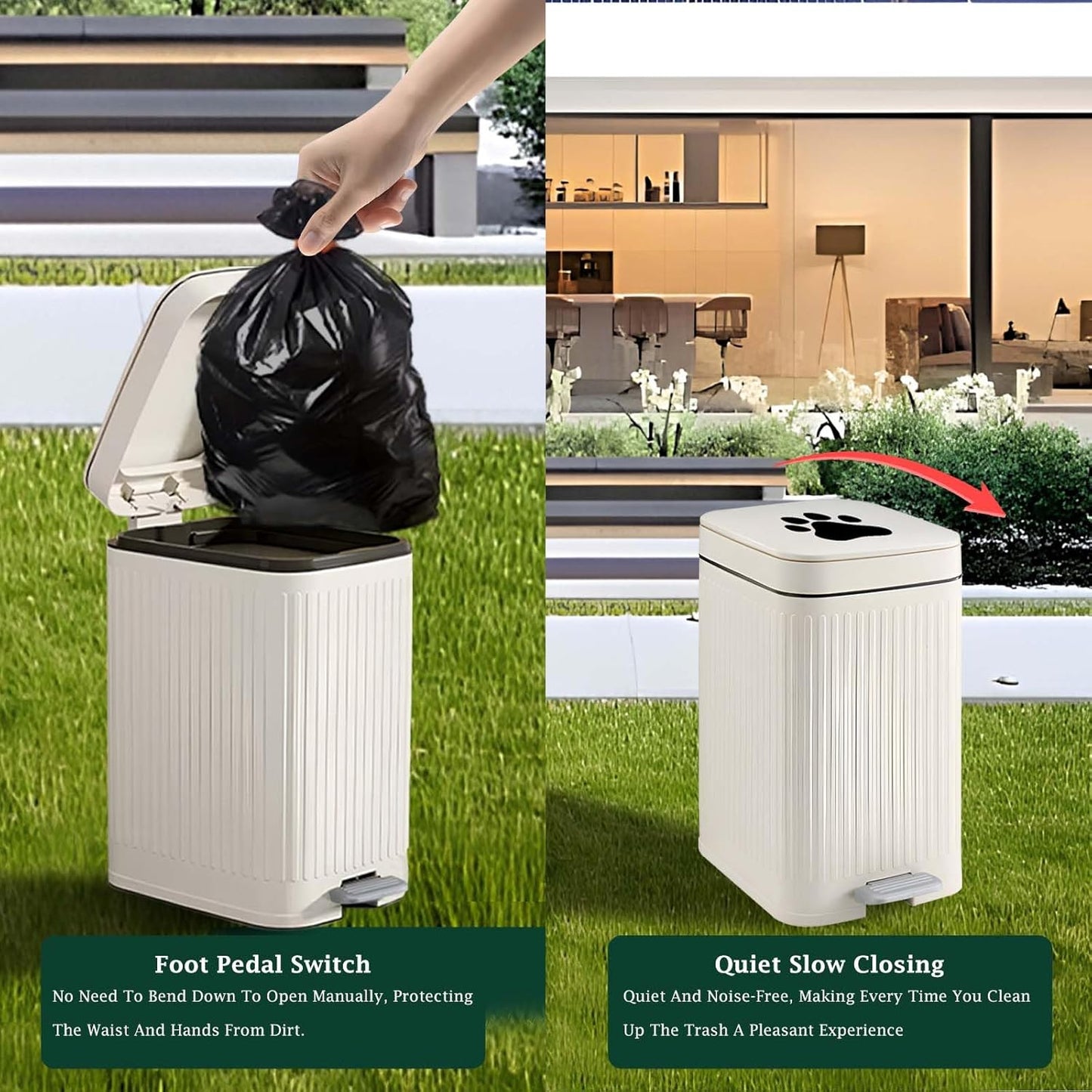 Dog Poop Trash Can Outside, 5L/1.3 Gal Pet Poop Bucket with Lid, Foot Pedal, Dog Waste Container with 40 Bags, Lid Soft Close for Pet, White