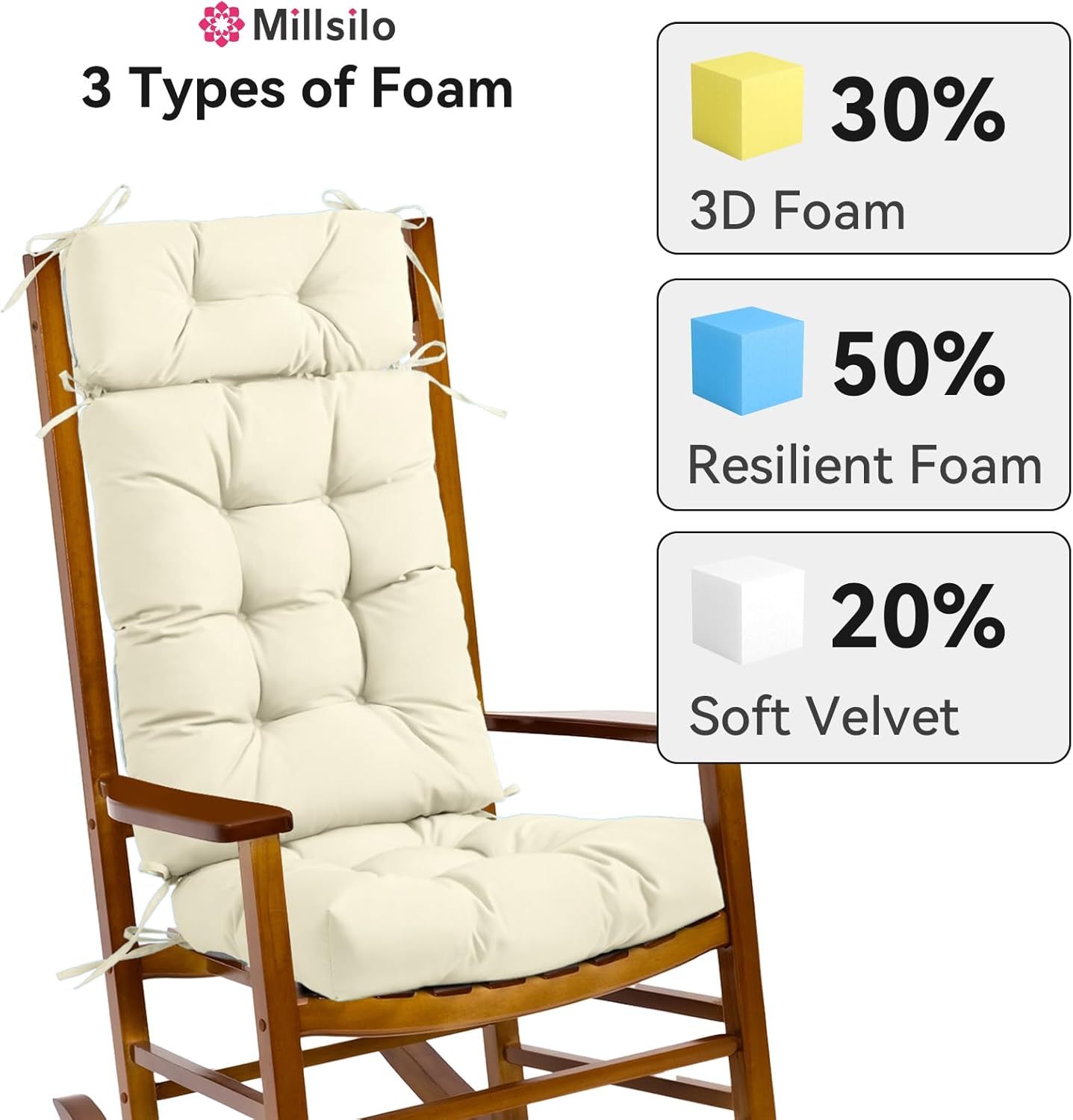 Millsilo Rocking Chair Cushions 3-Piece Set with Neck Pillow, Indoor Rocker Comfortable Tufted Non-Slip Pads with Ties, High-Density Foam Cushion for Adirondack Glider Chair, Orange, 52 x 19 x 4 Inch