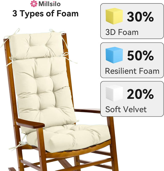 Millsilo Rocking Chair Cushions 3-Piece Set with Neck Pillow, Indoor Rocker Comfortable Tufted Non-Slip Pads with Ties, High-Density Foam Cushion for Adirondack Glider Chair, Orange, 52 x 19 x 4 Inch