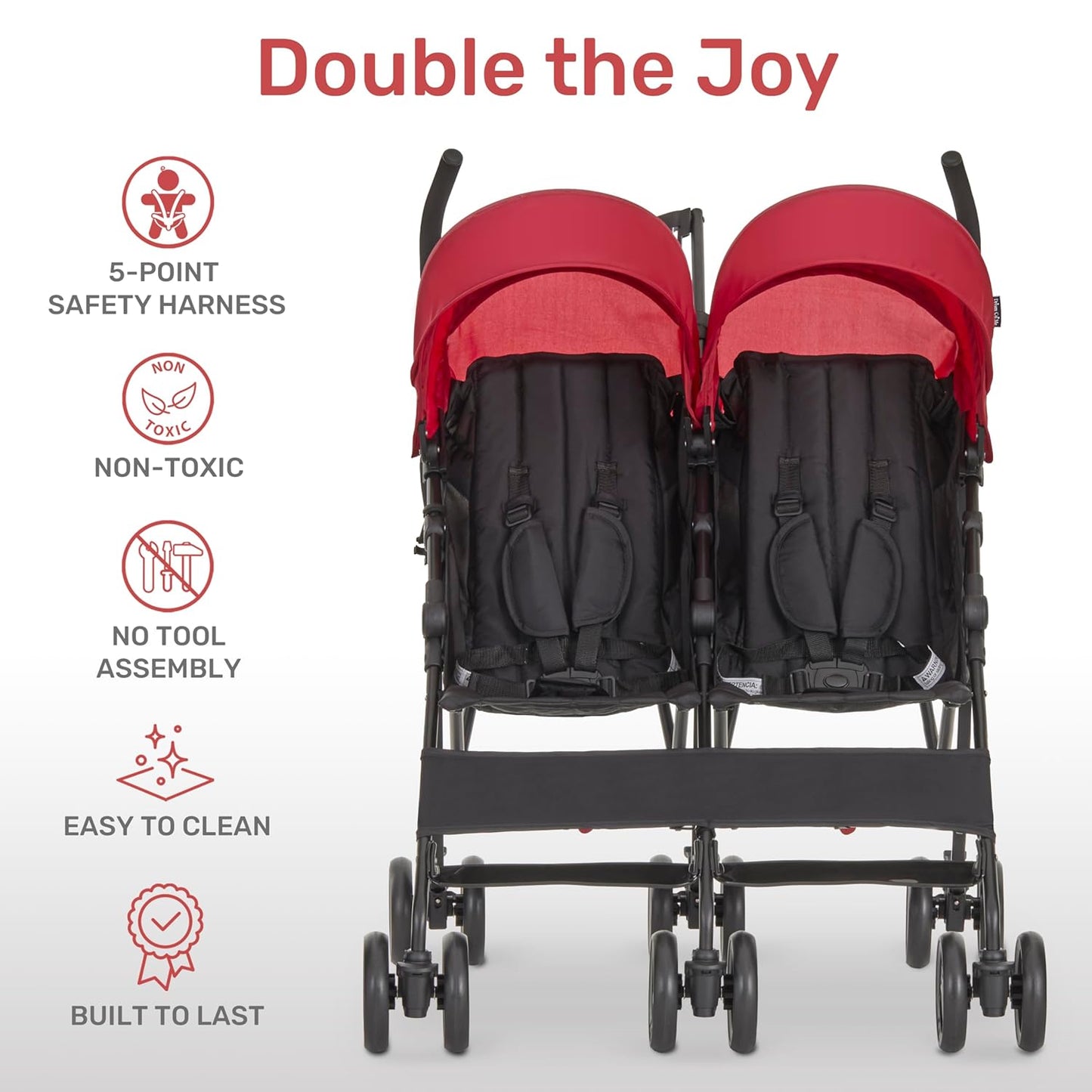 Dream On Me Twin Venture Umbrella Stroller in Pink, Multi Backrest Positions, Adjustable & Removable Canopy Double Stroller, 360°Swivel Wheels with Locks