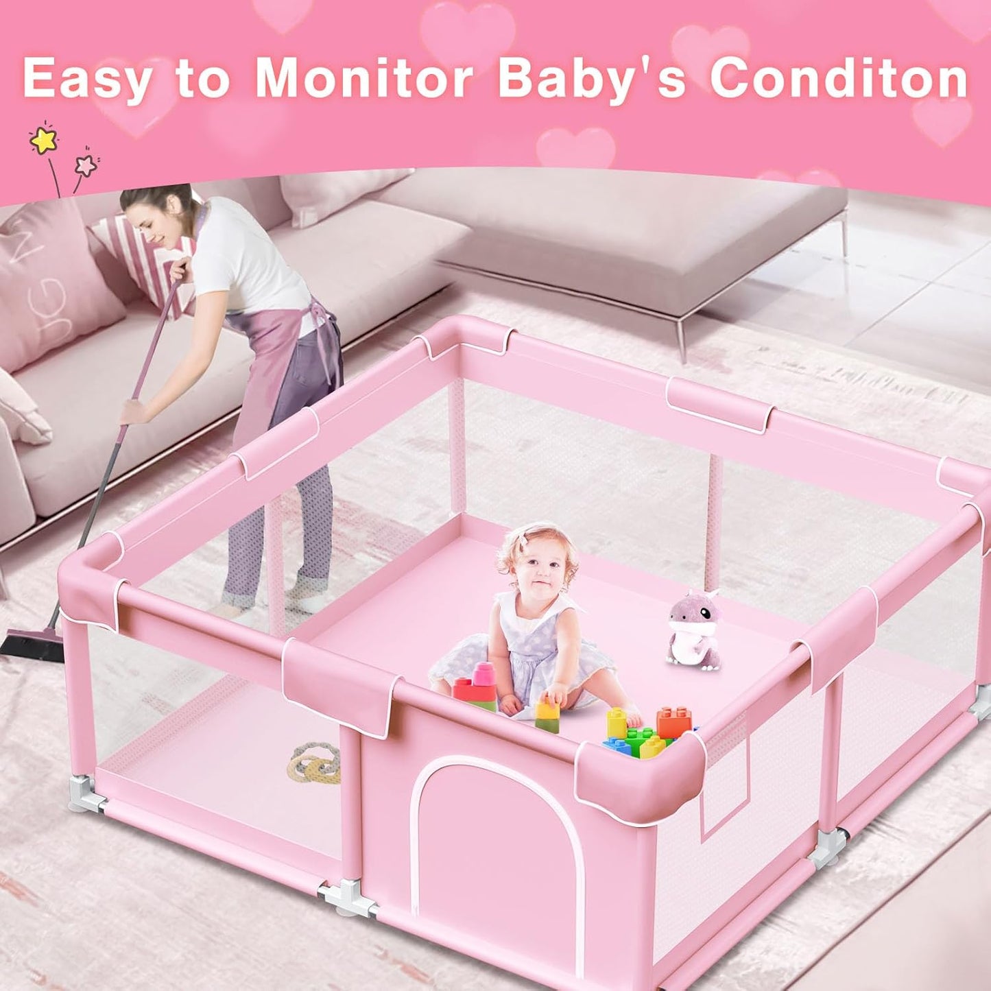 Pink Baby Playpen 50x50 Inches Playpen for Little Princess Play Yards Indoor & Outdoor Sturdy Safety Baby Girls Play Pen with Soft Breathable Mesh Toddlers Activity Center with Anti-Slip Base