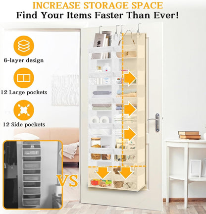 Over The Door Organizer, 5-Tier Extra Large Behind Door Storage with 10 Big Front & 10 Mesh Pockets, 80lb Capacity, Hanging Storage Organizer with Clear Window Kids Toys, Shoes, Diapers, Light Grey
