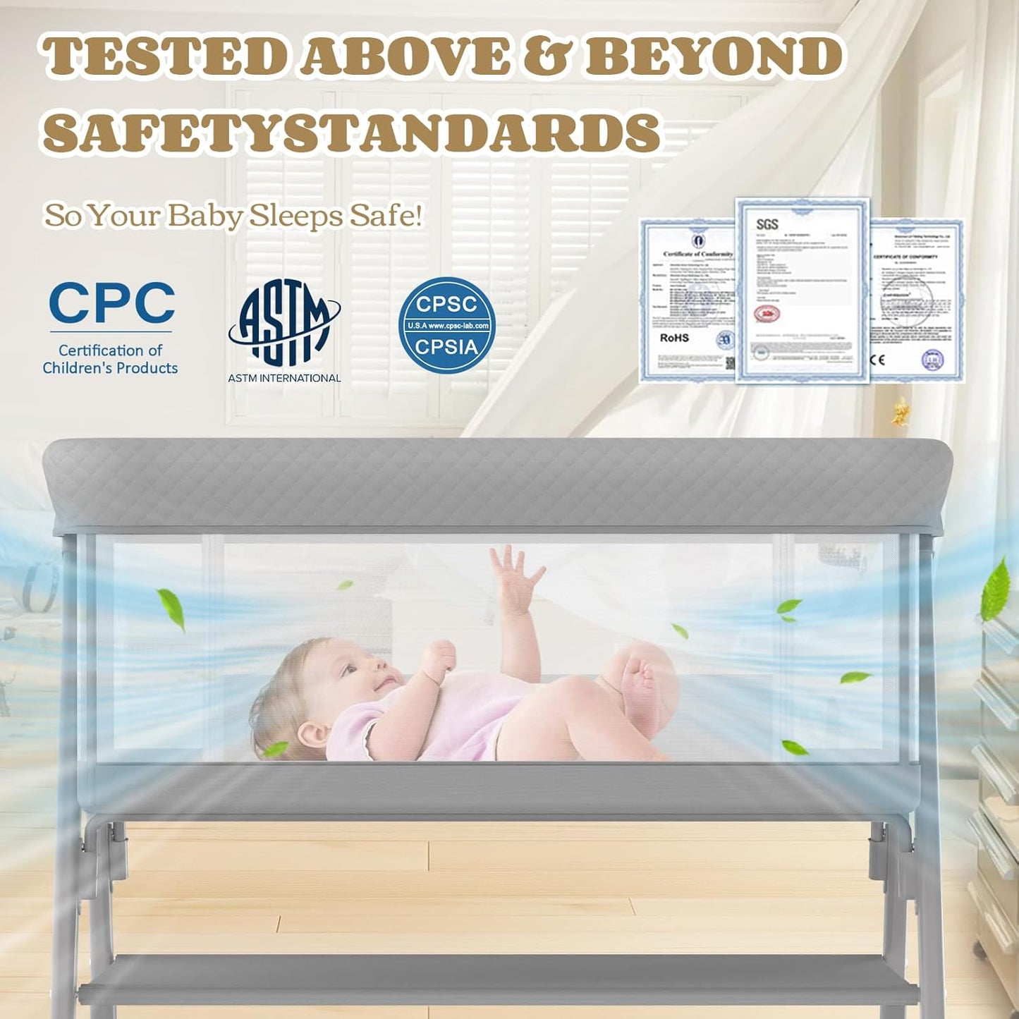 Baby Bassinet, 3-in-1 Baby Bassinets Bedside Sleeper for Newborn with Breathable Mesh, Portable Baby Crib with 4- Adjustable Height, Mattress, Storage Basket & Lockable Wheels, CPSC Beige