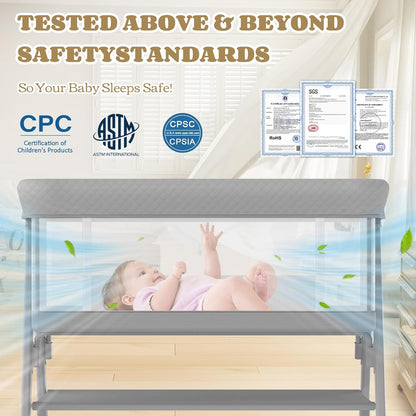 Baby Bassinet, 3-in-1 Baby Bassinets Bedside Sleeper for Newborn with Breathable Mesh, Portable Baby Crib with 4- Adjustable Height, Mattress, Storage Basket & Lockable Wheels, CPSC Beige